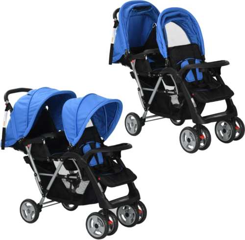 VidaXL Kinderwagen dubbel staal blauw en zwart