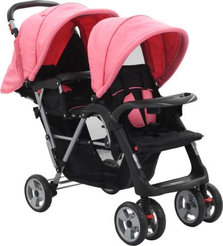 VidaXL Kinderwagen dubbel staal roze en zwart