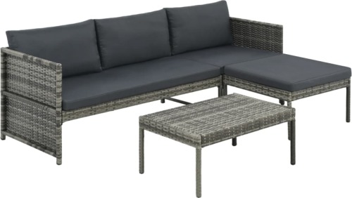 VidaXL 3-delige Loungeset met kussens poly rattan grijs