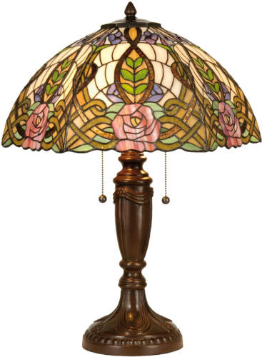 Clayre & Eef Tafellamp Tiffany Rozen Compleet 61 X ø 47 Cm - Bruin, Groen, Roze, Multi Colour - Ijzer, Glas