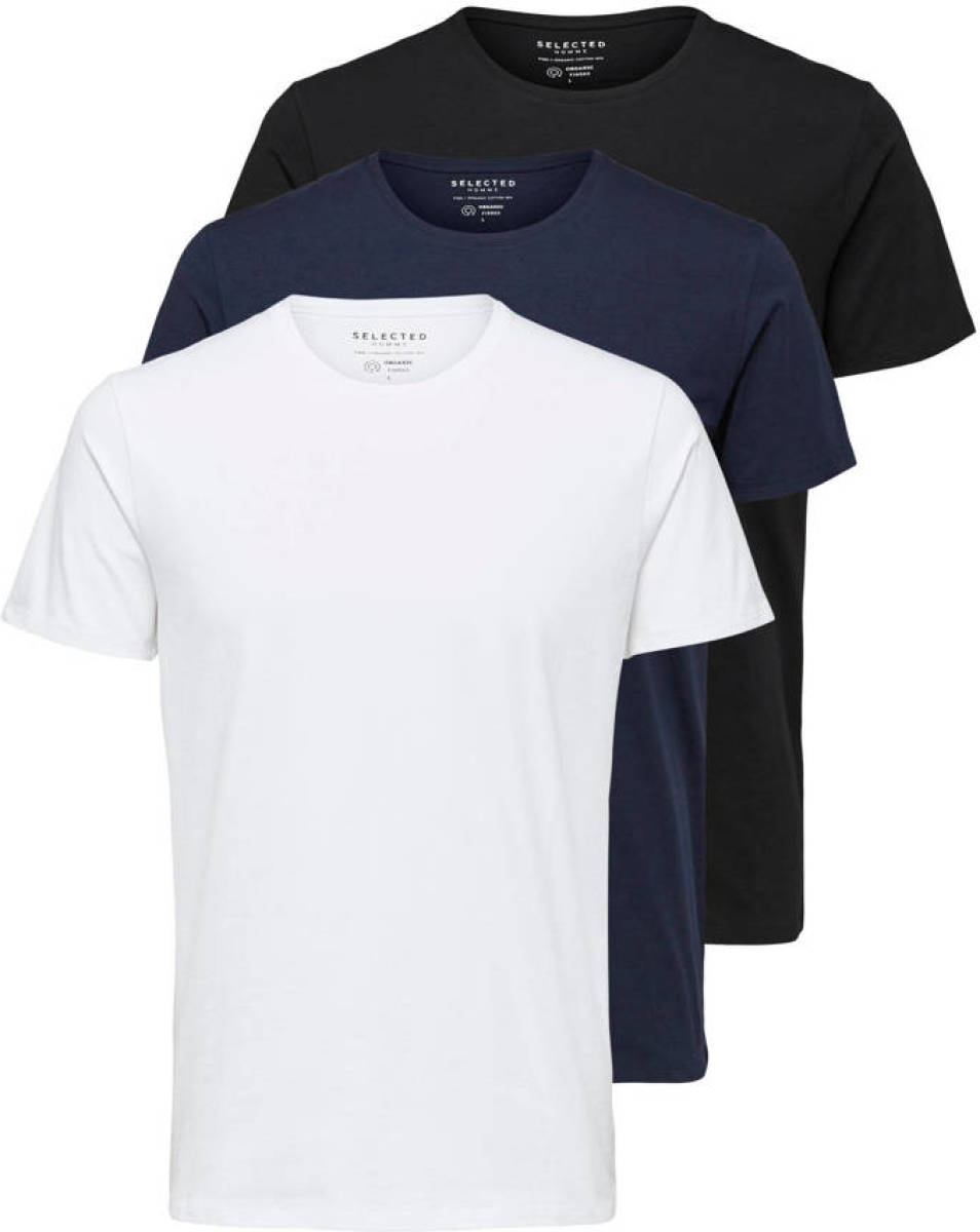 SELECTED HOMME T-shirt wit/blauw/zwart (set van 3)