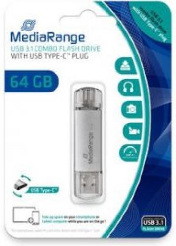 MediaRange MR937 64GB USB 3.0 (3.1 Gen 1) USB-Type-A-aansluiting USB Type-C-connector Zilver USB fla