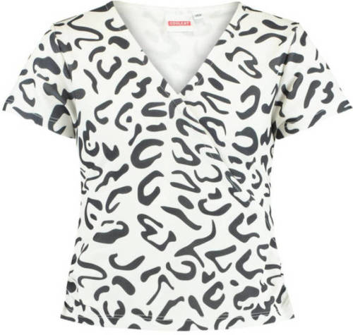 CoolCat Junior T-shirt Eila met all over print en overslag detail ecru/zwart
