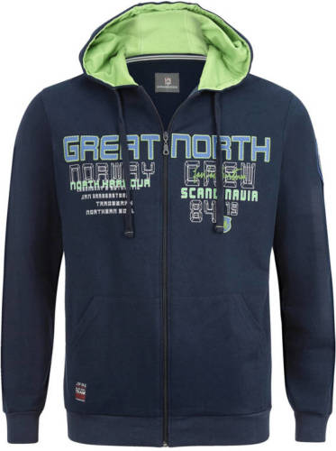 Jan Vanderstorm sweatvest STORR Plus Size met tekst donkerblauw
