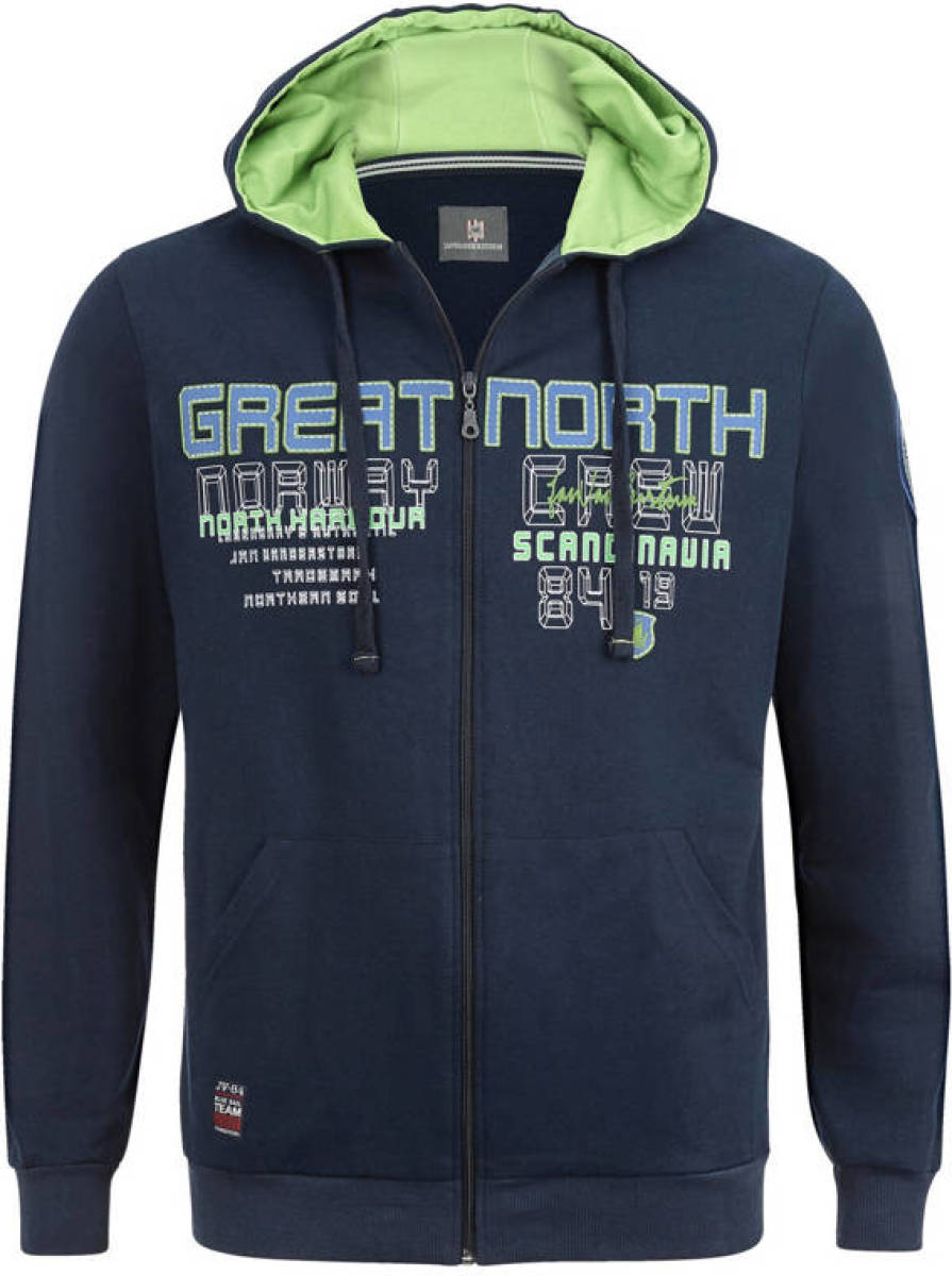 Jan Vanderstorm sweatvest STORR Plus Size met tekst donkerblauw