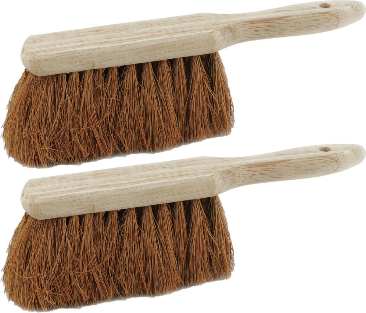 Sorx 2x stuks houten stoffers/handvegers met kokosvezel voor binnen en buiten 28 cm