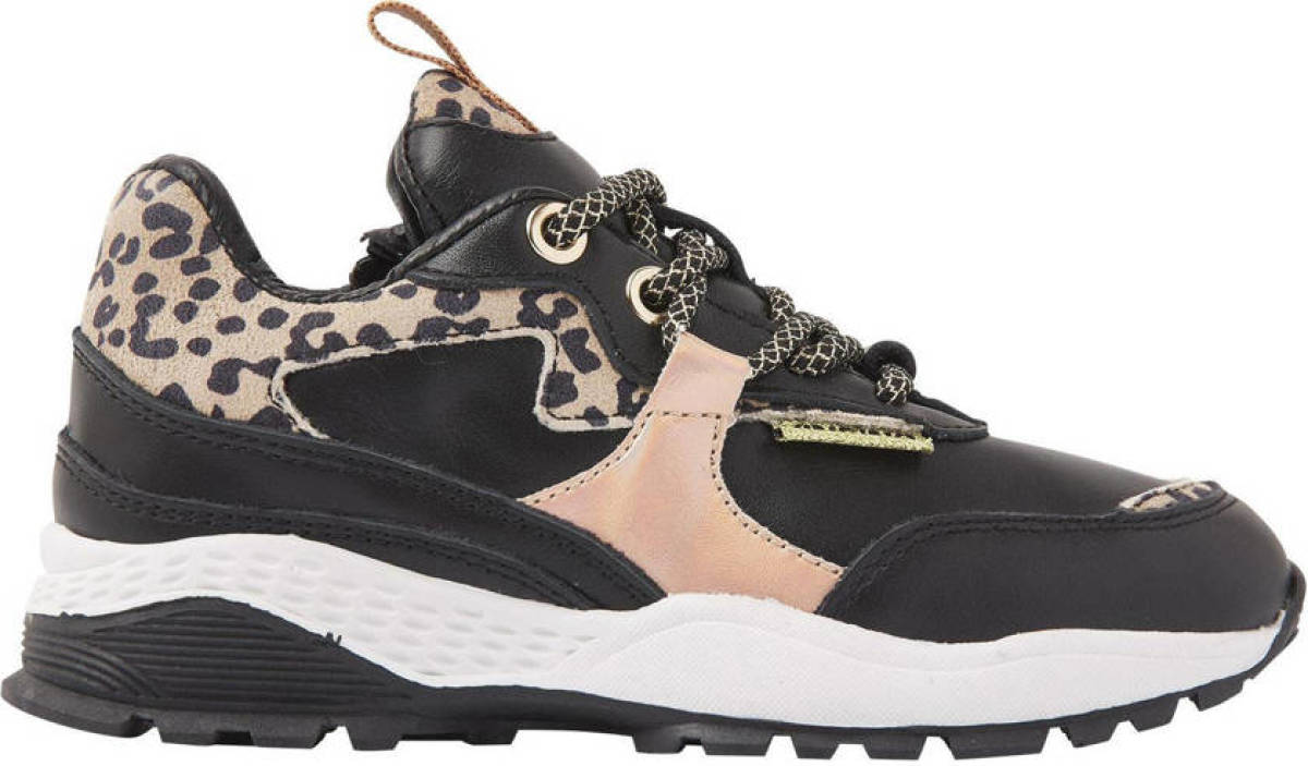 Vingino Mandy leren sneakers met panterprint zwart/roségoud