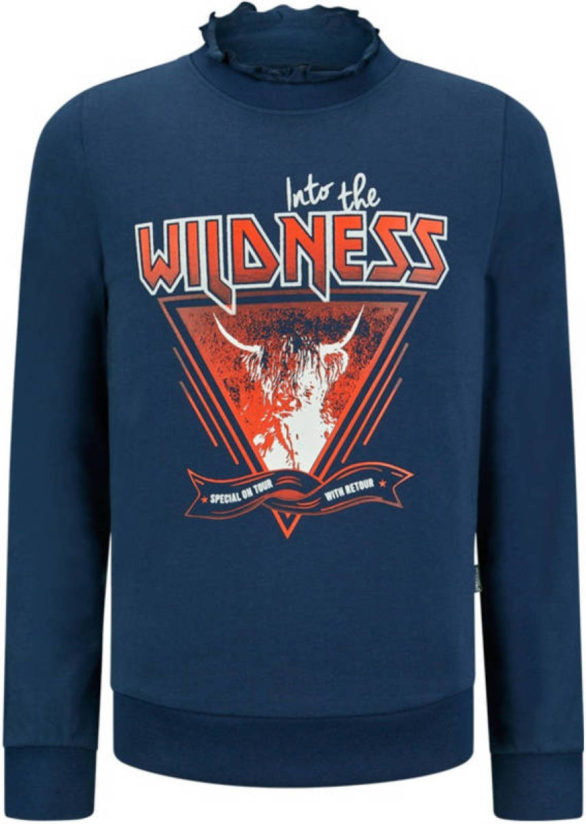 Retour Denim sweater Eboni met printopdruk en ruches donkerblauw