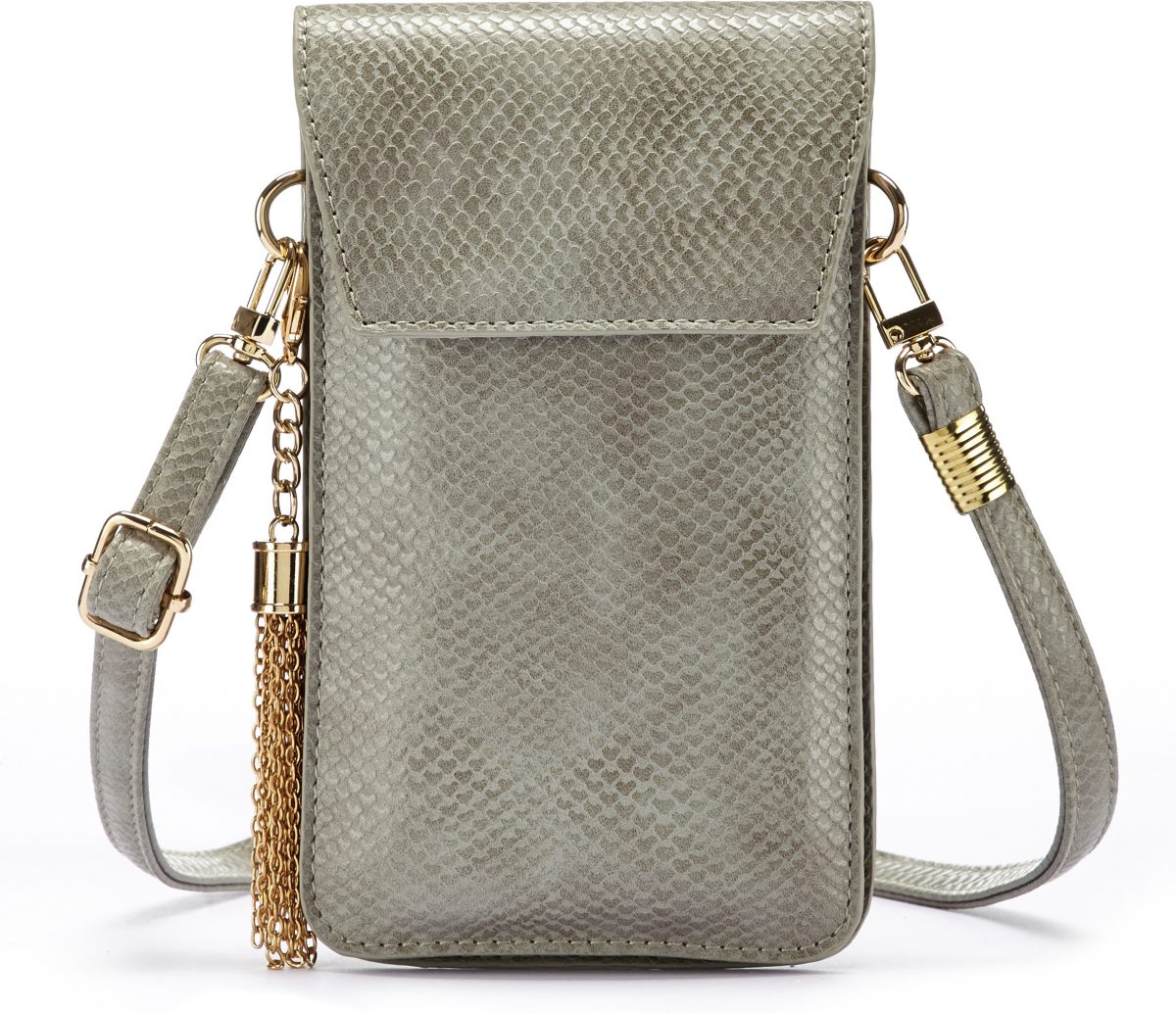 Lascana schoudertas modieuze mini-bag, schoudertasje voor de mobiele telefoon met praktisch kijkvenster, in kroko-look en met afneembaar kwastje