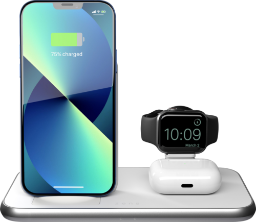 Zens 3-in-1 Draadloze Oplader 15W met Standaard en Apple Watch Oplader Wit