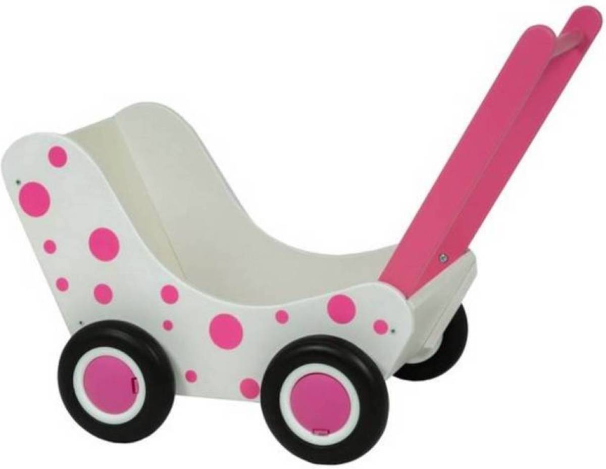 Van Dijk Toys Van Dijk Poppenwagen wit en roze stippen (flatpacked)