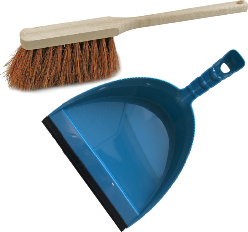 Brumag Stoffer en blik blauw van kunststof/hout/kokosvezel met lip en lange steel voor binnen