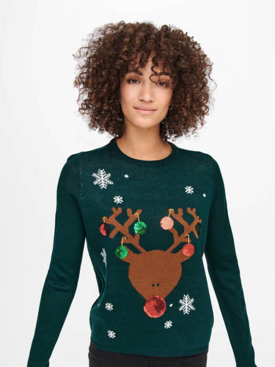 Only gebreide kersttrui ONLXMAS met printopdruk en pailletten groen/bruin/rood/wit
