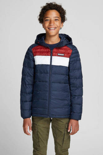 Jack & Jones JUNIOR gewatteerde tussenjas JJEACE donkerblauw/rood/wit