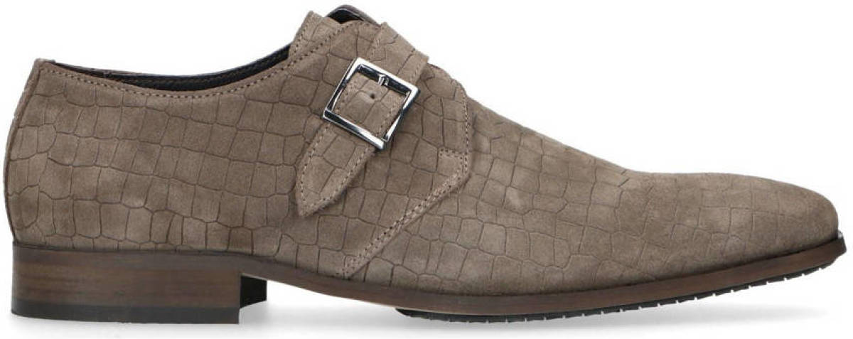 Manfield suède gespschoenen met crocoprint taupe