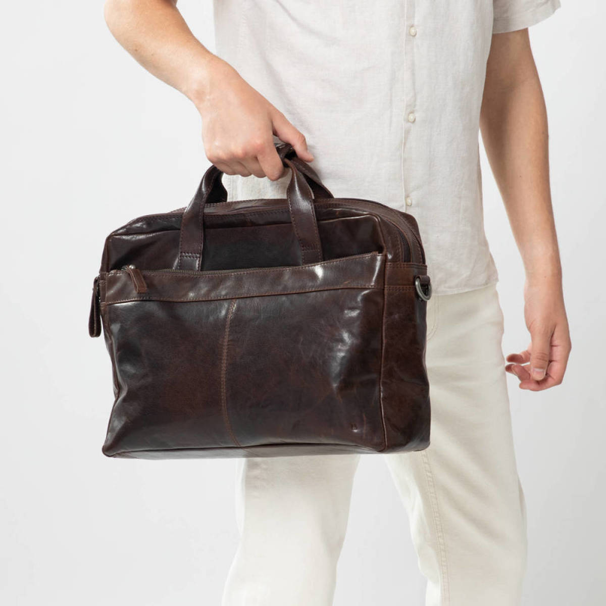 Manfield 18 inch leren laptoptas donkerbruin