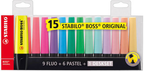 Stabilo Markeerstift - BOSS ORIGINAL - 15 Stuks Deskset - 9 Standaard + 6 Pastel Kleuren