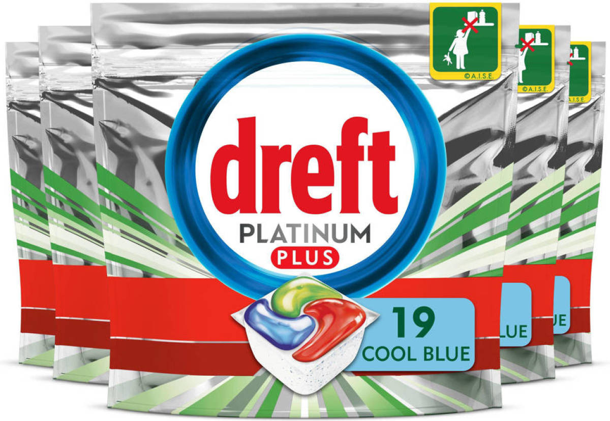 Dreft Platinum Plus All In One Vaatwascapsules Cool Blue - 5 x 19 Stuks