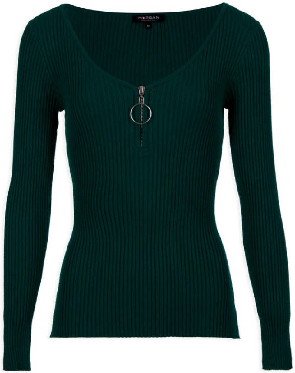 Morgan geribde longsleeve met rits groen