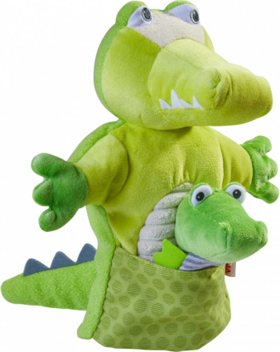 Haba handpop Krokodil met baby junior 30 x 22 cm polyester groen