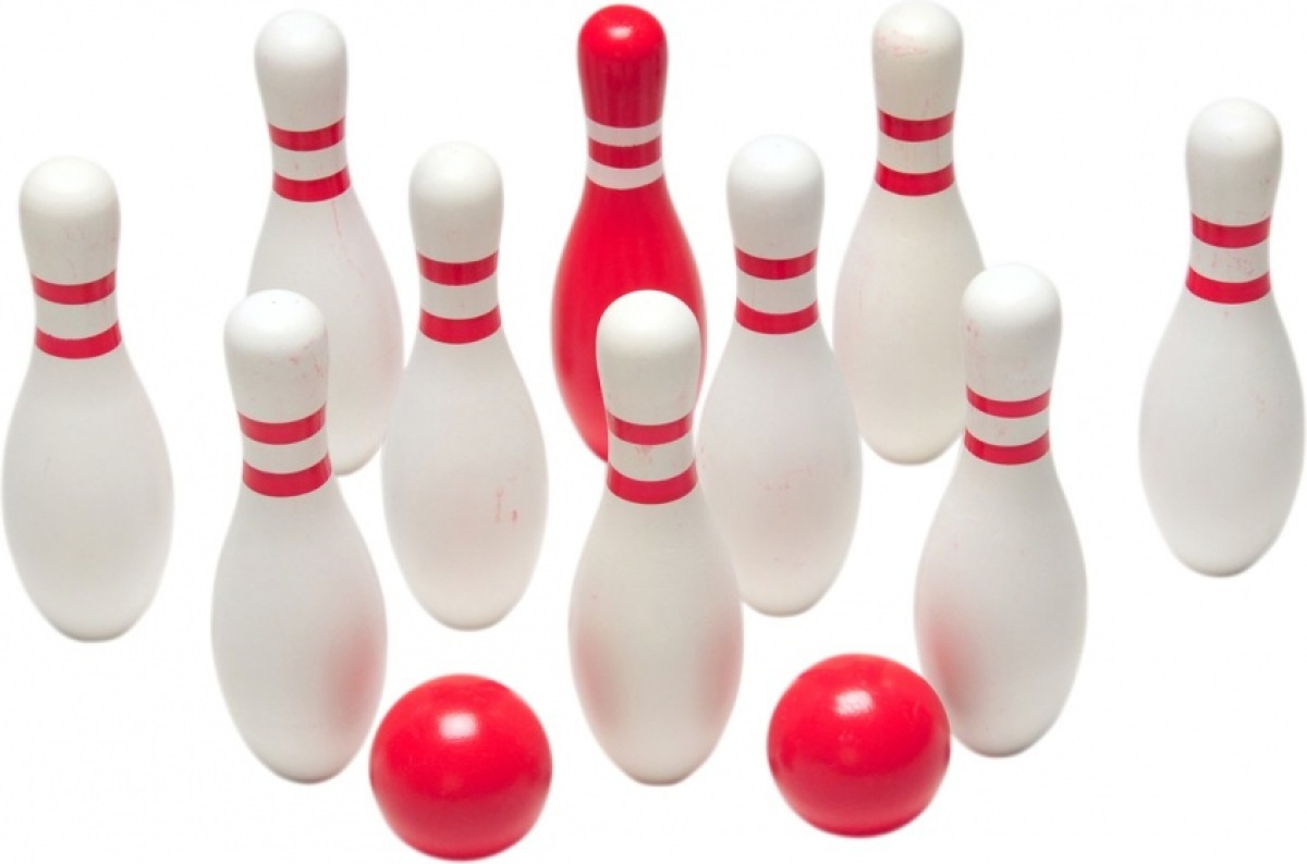 BS Toys bowlingspel hout 12 delig wit/rood