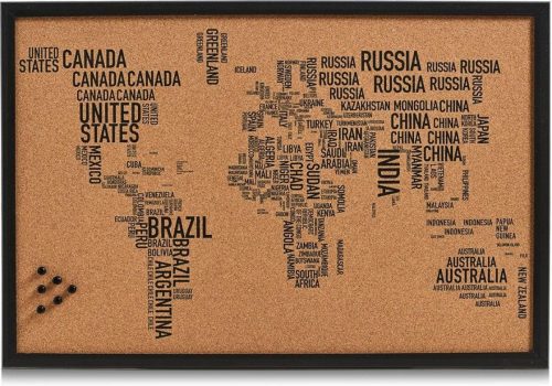 Zeller Present Prikbord World letters rechthoekig, van kurk, motief wereldkaart
