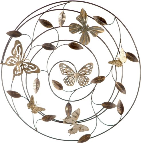 GILDE Sierobject voor aan de wand Wandreliëf Farfalle grijs/bruin/goudkleur Wanddecoratie, ø 50 cm, van metaal, met bladeren & vlinders, woonkamer (1 stuk)