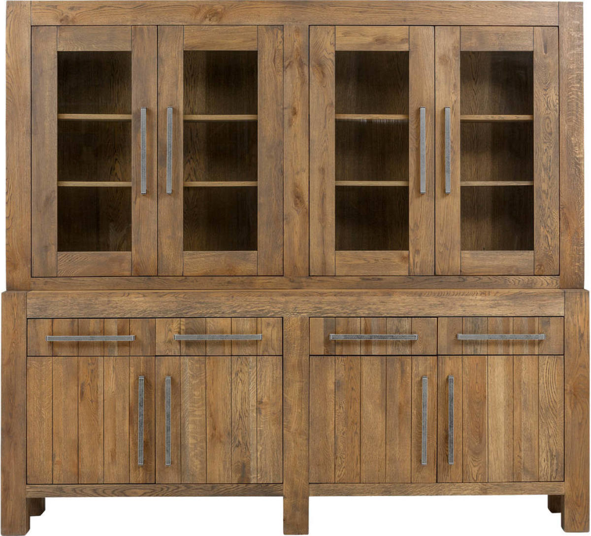 Goossens Buffetkast Roots, 4 glasdeuren 4 dichte deuren 4 laden, donkergrijs eiken, 230 x 210 x 45 cm, stijlvol landelijk