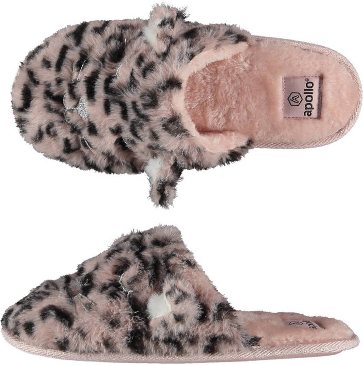 Apollo pantoffels met dierenprint lichtroze/zwart