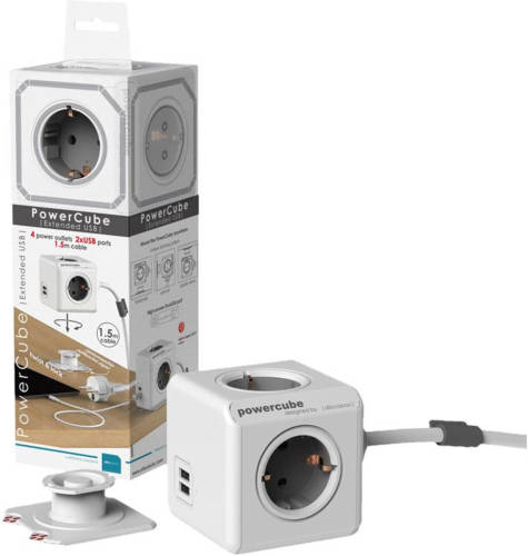 Allocacoc Powercube Extended Duo Usb 4 Stopcontacten Met 2x Usb Lader - Grijs