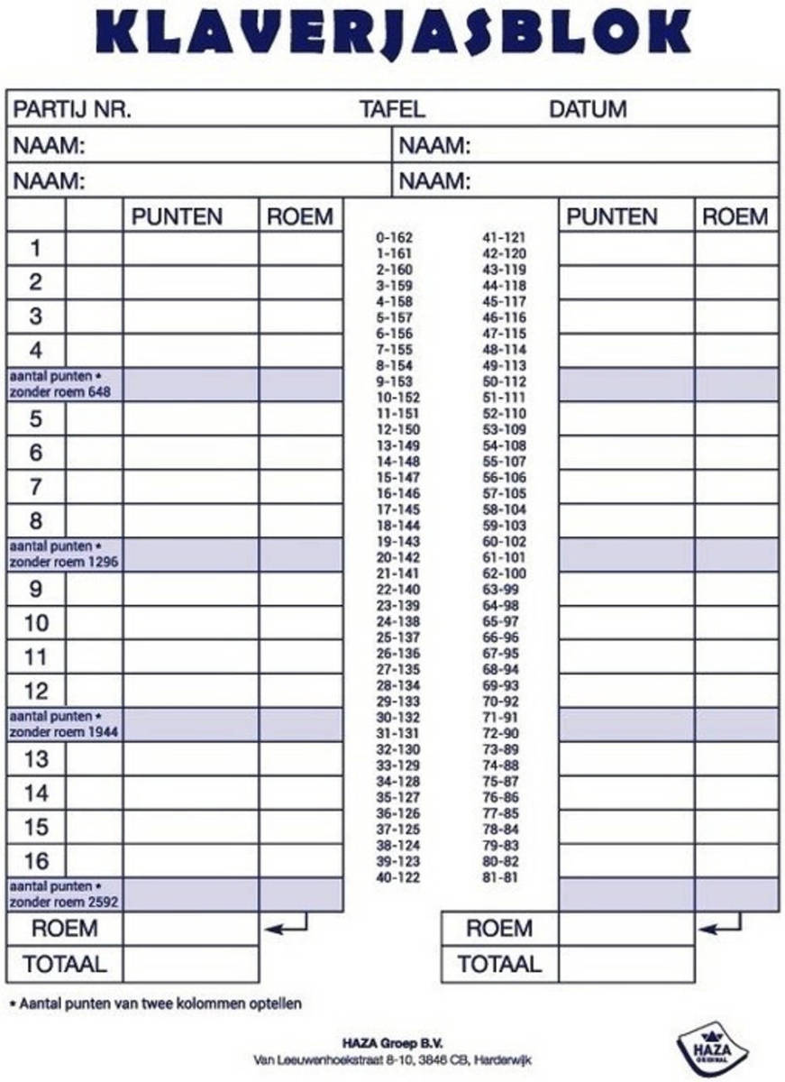 Haza Original 2x Scoreblokken Klaverjassen 50 Vellen - Kaartspel