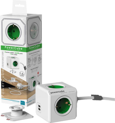 Allocacoc Powercube Extended Duo Usb 4 Stopcontacten Met 2x Usb Lader - Groen