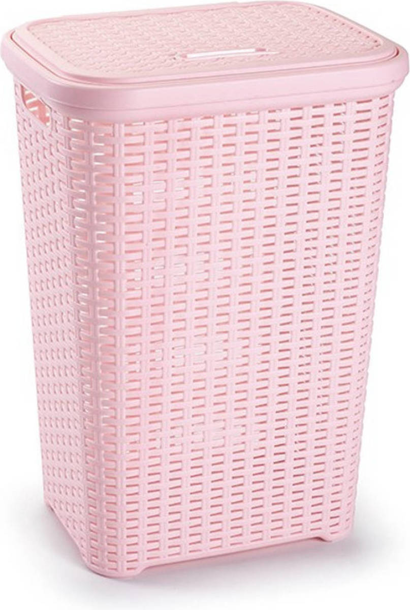 Forte Plastics Grote Rotan Wasmand/opbergmand Met Deksel 60 Liter In Kleur Lichtroze - Kunststof - L35 X B43 X H62 Cm - Wasmanden
