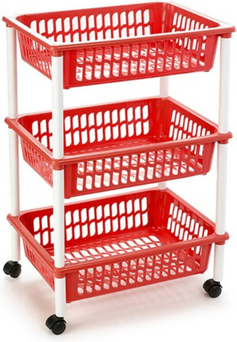 Forte Plastics Opberg Trolley/roltafel/organizer Met 3 Manden 40 X 30 X 61,5 Cm Wit/rood - Opberg Trolley