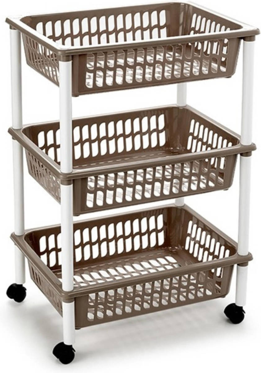 Forte Plastics Opberg Trolley/roltafel/organizer Met 3 Manden 40 X 30 X 61,5 Cm Wit/taupe - Opberg Trolley