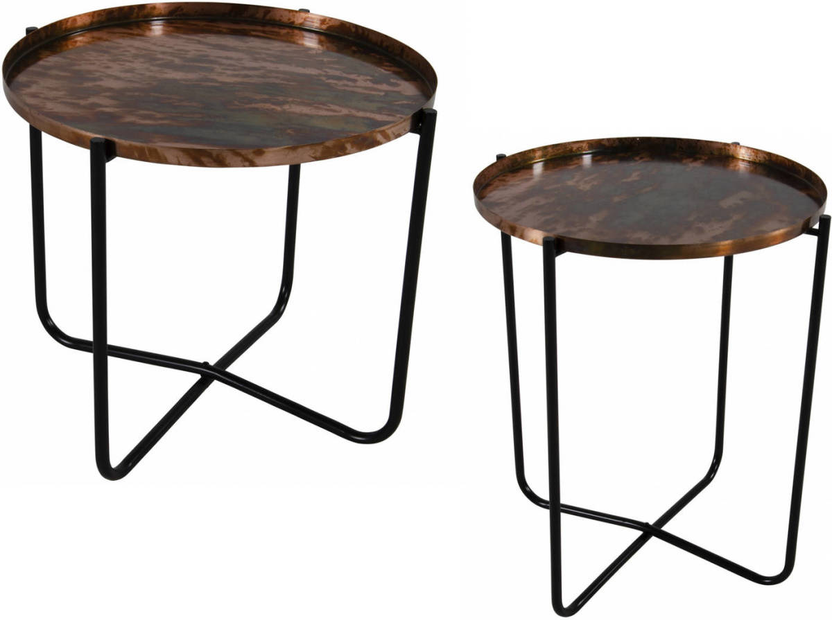 Lesli Living Set Van 2x Stuks Ronde Bijzettafel/plantenstandaard Oud Koper 35 En 50 Cm - Bijzettafels