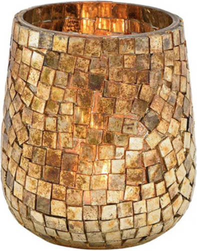 Bellatio Design Glazen Design Windlicht/kaarsenhouder In De Kleur Mozaiek Champagne Goud Met Formaat 11 X 10 Cm. Voor Waxinelichtjes