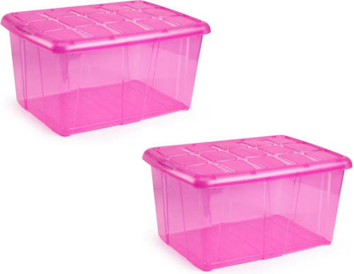 Forte Plastics 2x Opslagbakken/organizers Met Deksel 60 Liter 63 X 46 X 32 Transparant Roze - Opbergbox