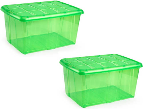 Forte Plastics 2x Opslagbakken/organizers Met Deksel 60 Liter 63 X 46 X 32 Transparant Groen - Organizers/opbergbakken