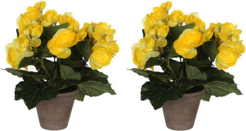 Mica Decorations 2x Stuks Gele Begonia Kunstplant 25 Cm In Grijze Pot - Kunstplanten