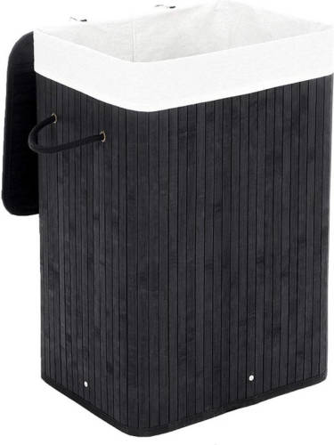 Parya Home - Bamboe Wasmand Met Deksel, Katoenen Zak En Handvaten - 72l - Zwart