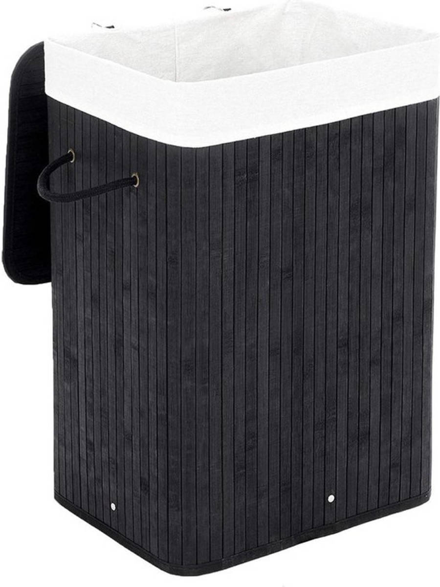 Parya Home - Bamboe Wasmand Met Deksel, Katoenen Zak En Handvaten - 72l - Zwart