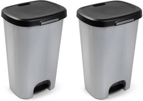 Forte Plastics 2x Stuks Grijze Afvalemmers/vuilnisemmers 50 Liter Met Zwarte Deksel En Pedaal - Prullenbakken