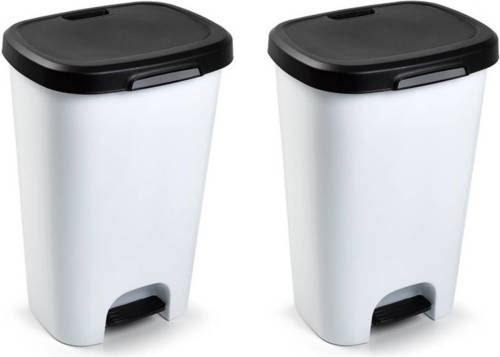 Forte Plastics 2x Stuks Witte Afvalemmers/vuilnisemmers 50 Liter Met Zwarte Deksel En Pedaal - Prullenbakken