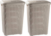 Forte Plastics 2x Stuks Grote Rotan Wasmand Met Deksel Van 60 Liter In Het Taupe - Wasmanden
