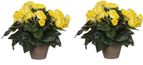 Mica Decorations 2x Stuks Gele Begonia Kunstplant Met Bloemen 30 Cm In Grijze Pot - Kunstplanten/nepplanten - Voor Binnen