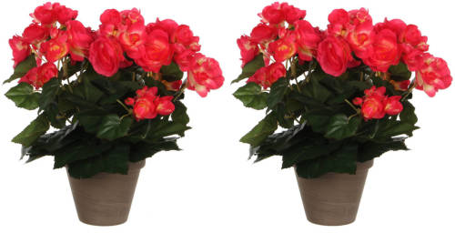 Mica Decorations 2x Stuks Donkerroze Begonia Kunstplant 30 Cm In Grijze Pot - Kunstplanten