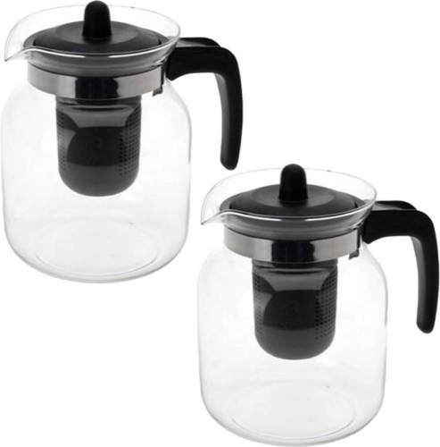 Bellatio Design 2x Stuks Glazen Transparante Theepot 1,5 Liter Met Zwart Filter - Theepotten