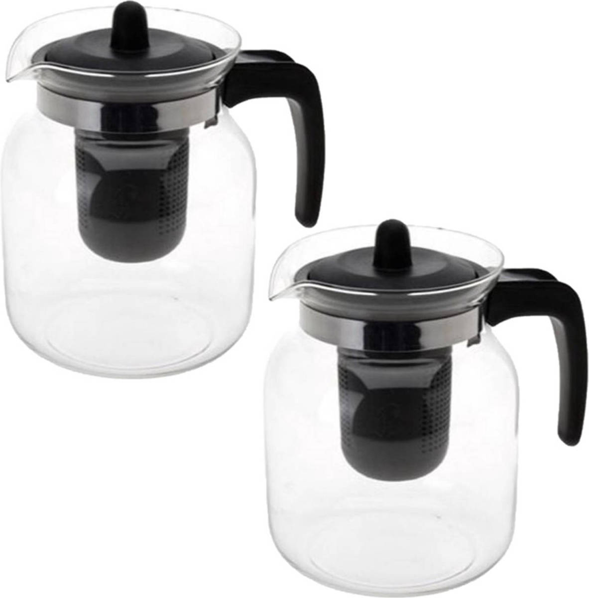 Bellatio Design 2x Stuks Glazen Transparante Theepot 1,5 Liter Met Zwart Filter - Theepotten