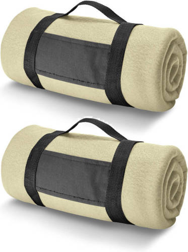 Bellatio Design 3x Fleece Dekens/plaids Zandkleurig Met Afneembaar Handvat 150 X 120 Cm - Plaids